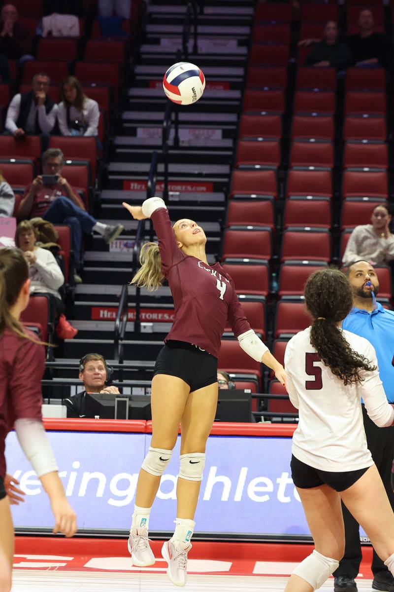 Lockport's Mikayla Marshall prepares to spike against Benet Academy during Benet Academy's victory in two sets, 25-23, 25-16, over Lockport in the IHSA Class 4A State semifinals on Friday, Nov. 14, 2025.