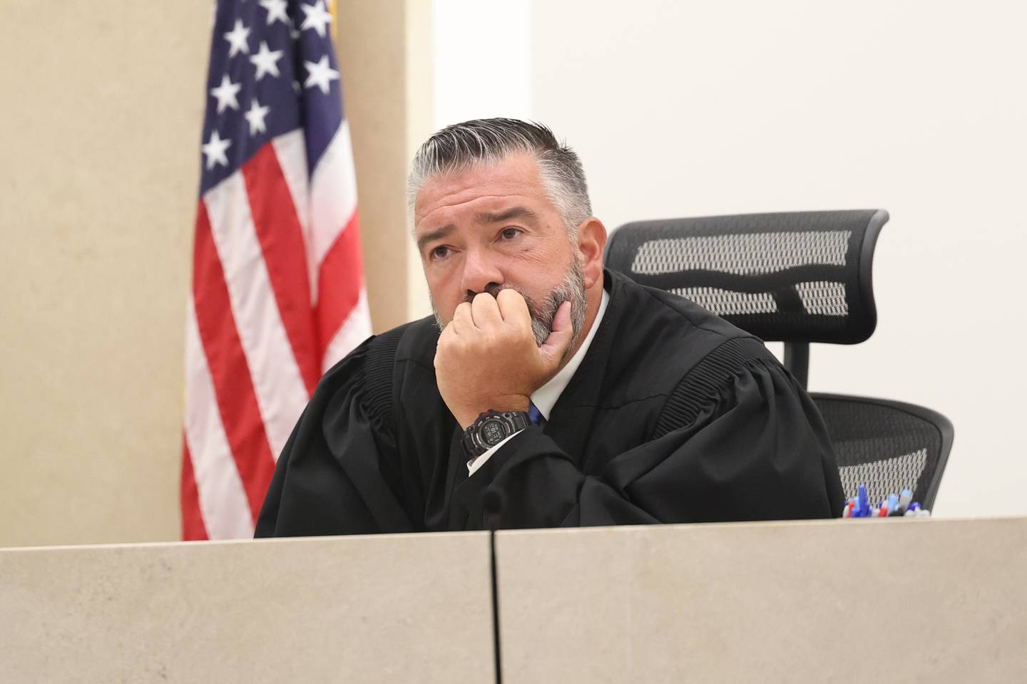 Judge Dave Carlson listens to the prosecution during the Zilka trial at the Will County Courthouse on Wednesday, June 28th, 2023 in Joliet. The former Joliet police officer Erin Zilka is on trial on aggravated DUI charges following a deadly 2020 crash where her passenger, Berwyn police officer Charles Schauer, 33, of Glen Ellyn, was killed.