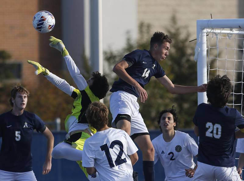 Lemont’s Adrian Lisowski reaches for the ball in front of Belleville Althoff Catholic's Tyler Birdsong during an IHSA Class 2A state semifinal soccer match on Friday, Nov. 8, 2024, at Hoffman Estates High School.