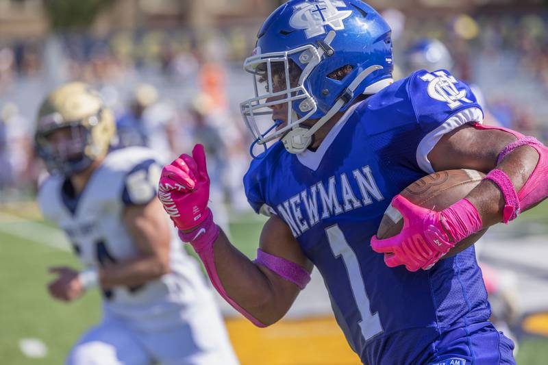Newman’s Tyson Williams sees daylight ahead of him against Mercer County Saturday, October 4, 2025.