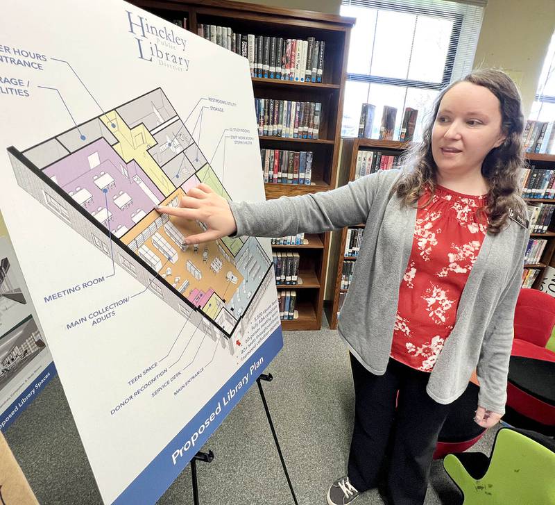 Rylie Roubal, Hinckley Public Library District director, talks Thursday, April 27, 2023, about the proposed renovation plans for the new library in a larger space than they have in their current location. The hope is to move into a building that was recently donated to the library district that needs major renovation. The project has received $750,000 in federal funding and is hoping to receive another grant this year.