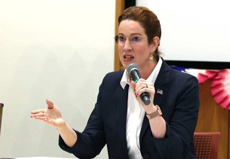 Democratic candidate Carolyn Zasada, who is vying for the nomination for the 76th district seat in the Illinois House of Representatives, answers a question Saturday, Feb. 3, 2024, in a meet the candidates forum at the DeKalb Public Library. Democratic candidates Amy Murri Briel and Cohen Barnes also spoke at the event organized by DeKalb Stands and co-sponsored by the DeKalb County Democrats.