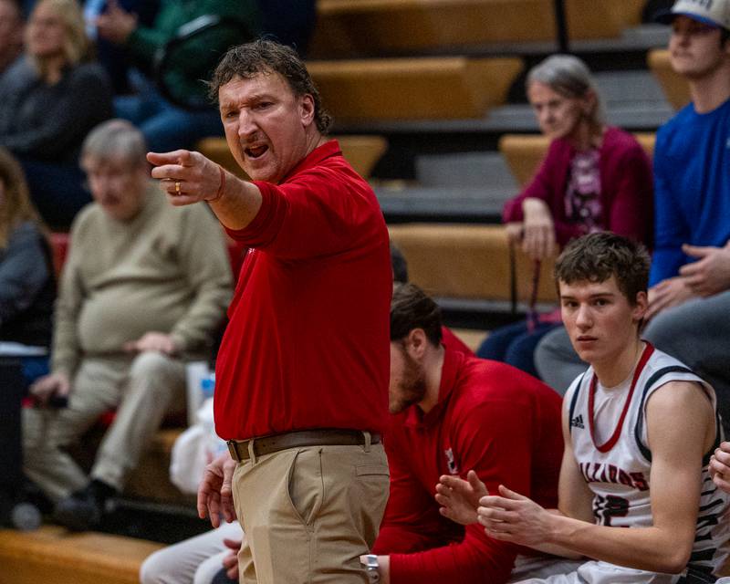 Henry-Senachwine's Head Coach Randy Westerdahl points at player during play on Friday, Feb. 13, 2026 at Henry-Senachwine High School in Henry.