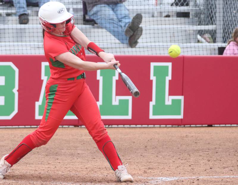 L-P's Taylor Vescogni smacks a hit against Rochelle on Wednesday, April 10, 2024 at the L-P Athletic Complex in La Salle.