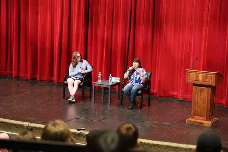 Author Erika L. Sánchez, right, answers questions from senior Cooper Ten Bruin during a daylong visit to McHenry Community High School on Tuesday, February 7, 2023 as part of the school's annual Writers Week.