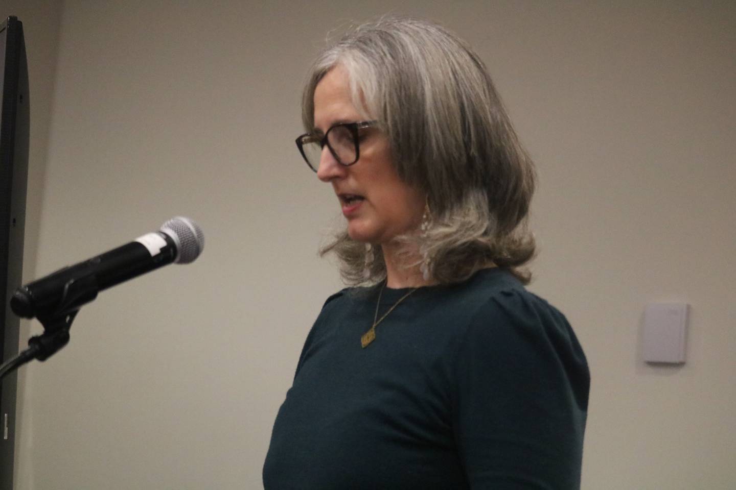 DeKalb resident Megan Wheless speaks out Monday, April 13, 2026, at a DeKalb City Council meeting about a proposed ordinance amendment to regulate DeKalb boards, commissions, and committees.