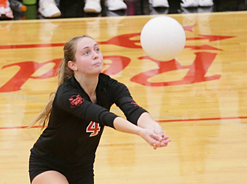 Hall's Taylor Coutts hits the ball to the Bureau Valley side of the net in the Class 2A Regional game on Monday, Oct. 24, 2022 at Hall High School in Spring Valley.