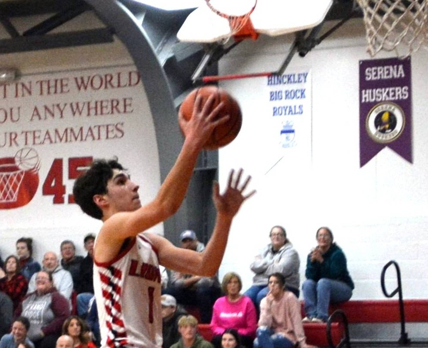 LaMoille's Tyler Billhorn goes in for a Layup in Friday's game with IMSA in LaMoille. Billhorn had a double-double of 27 points and 10 rebounds, but the Lions fell short 56-49 in Little Ten Conference action.