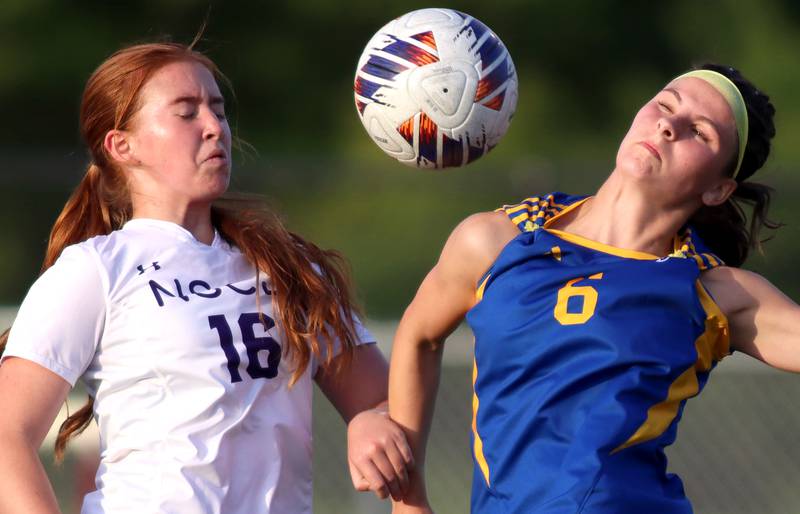 Johnsburg’s Liz Smith, right, battles North Shore Country Day’s  Isabel Roberts for the ball in IHSA Class 1A Sectional Title Game action at Richmond-Burton High School in Richmond on Tuesday, May 27, 2025.