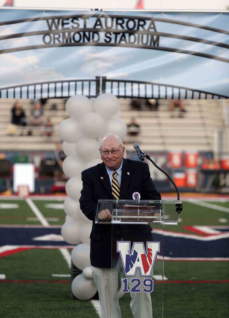 Neal Ormond III speaks to the crowd during a ceremony to name the stadium for the Ormond family Thursday September 15, 2022 in Aurora.