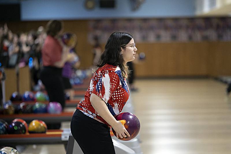 Oregon’s Delilia Anaya concentrates Friday, Feb. 7, 2025, in the girls bowling regionals at Plum Hollow in Dixon.