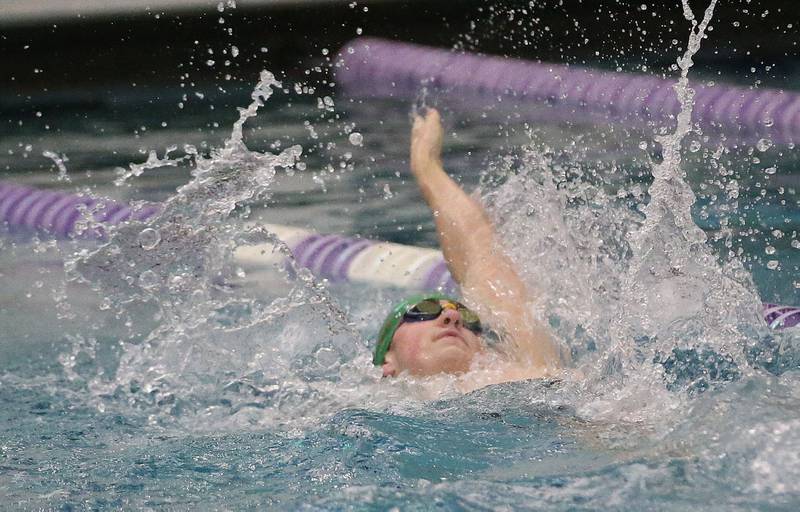 L-P Co-op's Vince Wargo competes in the 100 yard backstroke event during a triangular meet against Morrison and Olympia on Wednesday, Jan. 22, 2025 at the Illinois Valley YMCA in Peru.