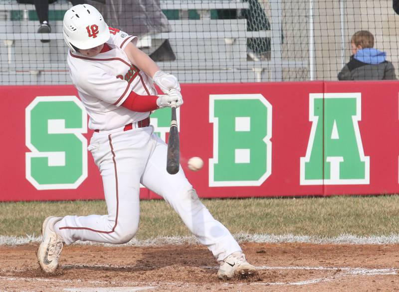L-P's Jackson Piecha smacks a hit against Mendota on Thursday, April 3, 2025 at Huby Sarver Field inside the L-P Athletic Complex in La Salle.