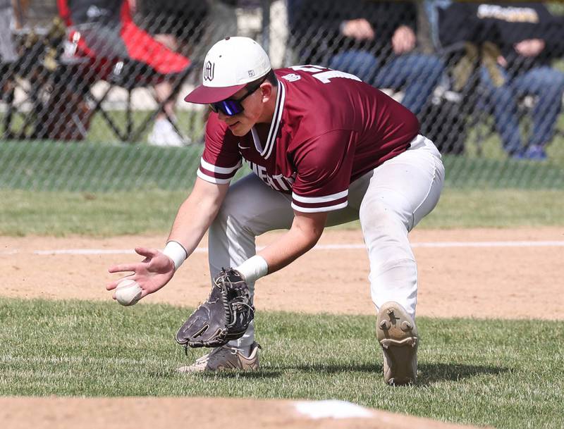 Wheaton Academy's Josh Hilde fields a ball during their Class 3A sectional semifinal against Sycamore Wednesday, May 29, 2024, at the Sycamore Community Sports Complex.