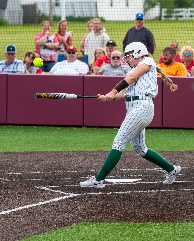 St. Bede's Maci Kelly singles to left in the seventh inning of Friday's Class 2A Chillicothe Sectional championship. Brimfield scored four runs in the bottom of the sixth inning to rally for a 4-1 win.
