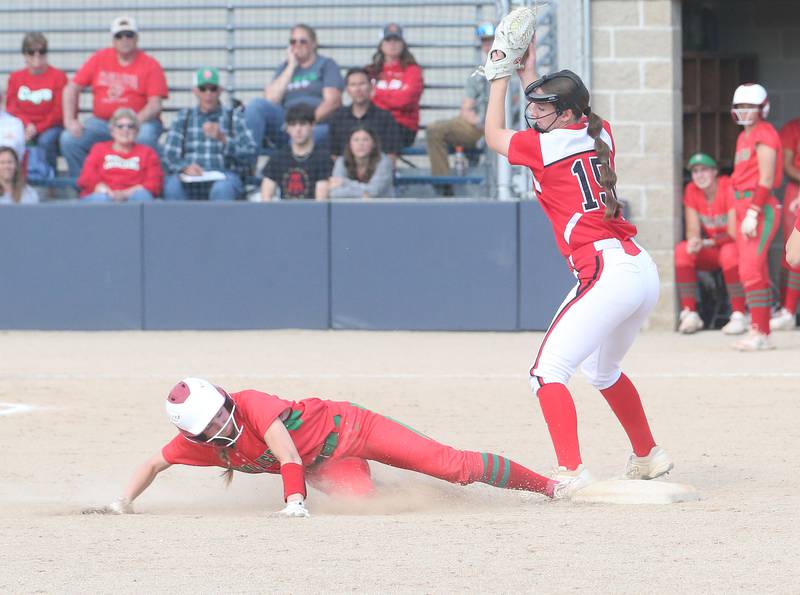 L-P's Lydia Steinbach steals second base as Streator's Caitlin Talty catches the late throw during the Class 3A Regional semifinal game on Tuesday, May 27, 2025 at Pontiac High School.