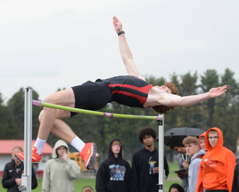 Forreston's Eli Ferris finished second in the hight jump at the Hall of Fame Hawk Classic on Friday, May 2, 2025 at the Landers-Loomis Field in Oregon.