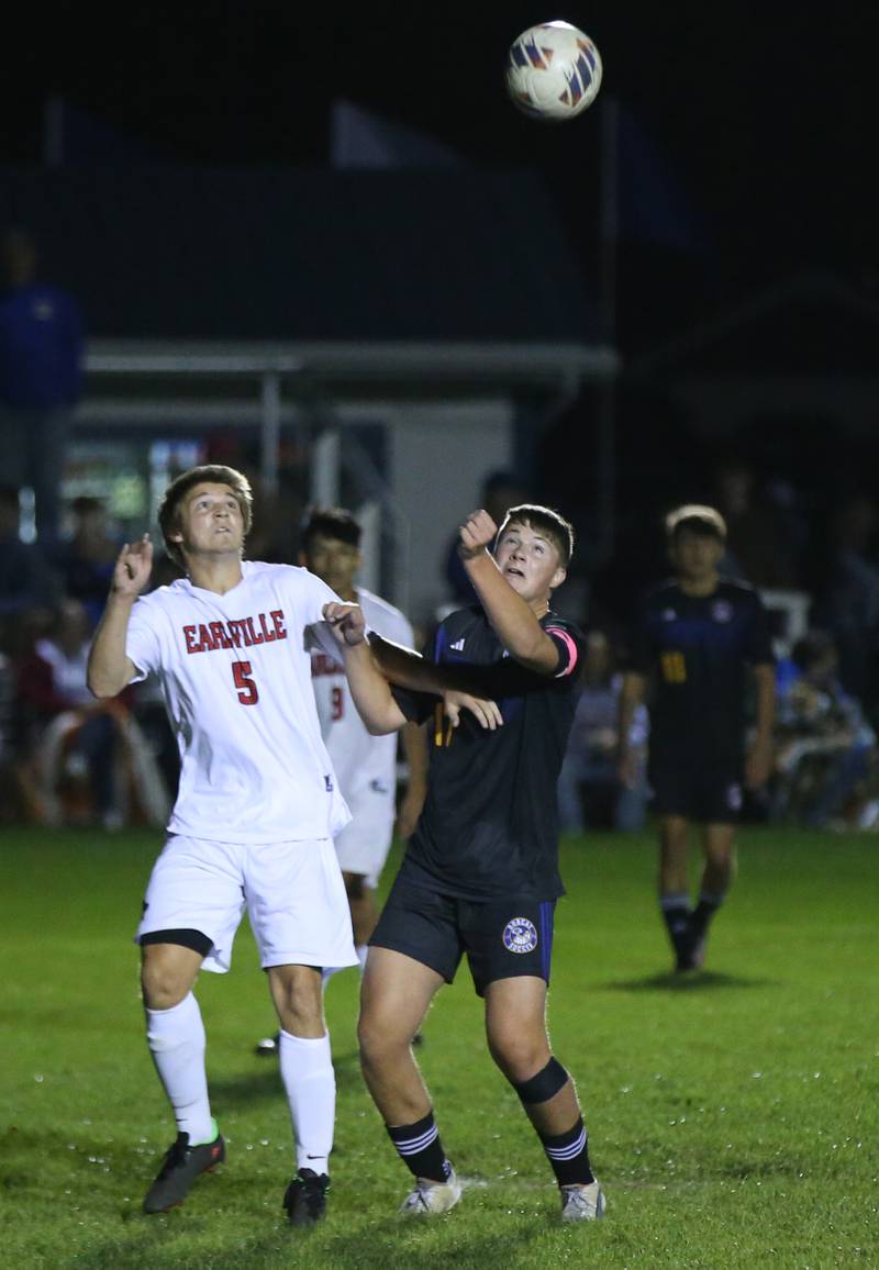 Earlville's Carlos Gonzalez and Sononauk's Lance Grandgeorge get ready to jump for a header in the Little Ten Conference championship game on Thursday, Oct. 5,  2023 at Hinckley High School.