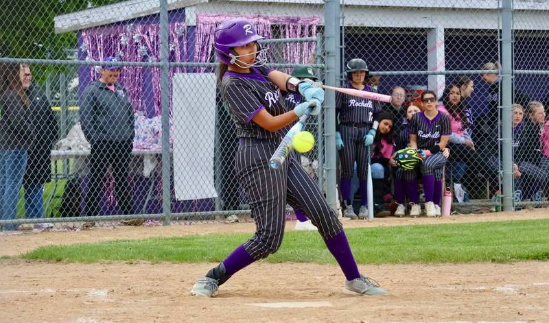 Rochelle's Alex Soto hits a pitch during the Hubs' game with Forreston. Soto was 3 for 3 with a triple, three runs scored and two RBIs.