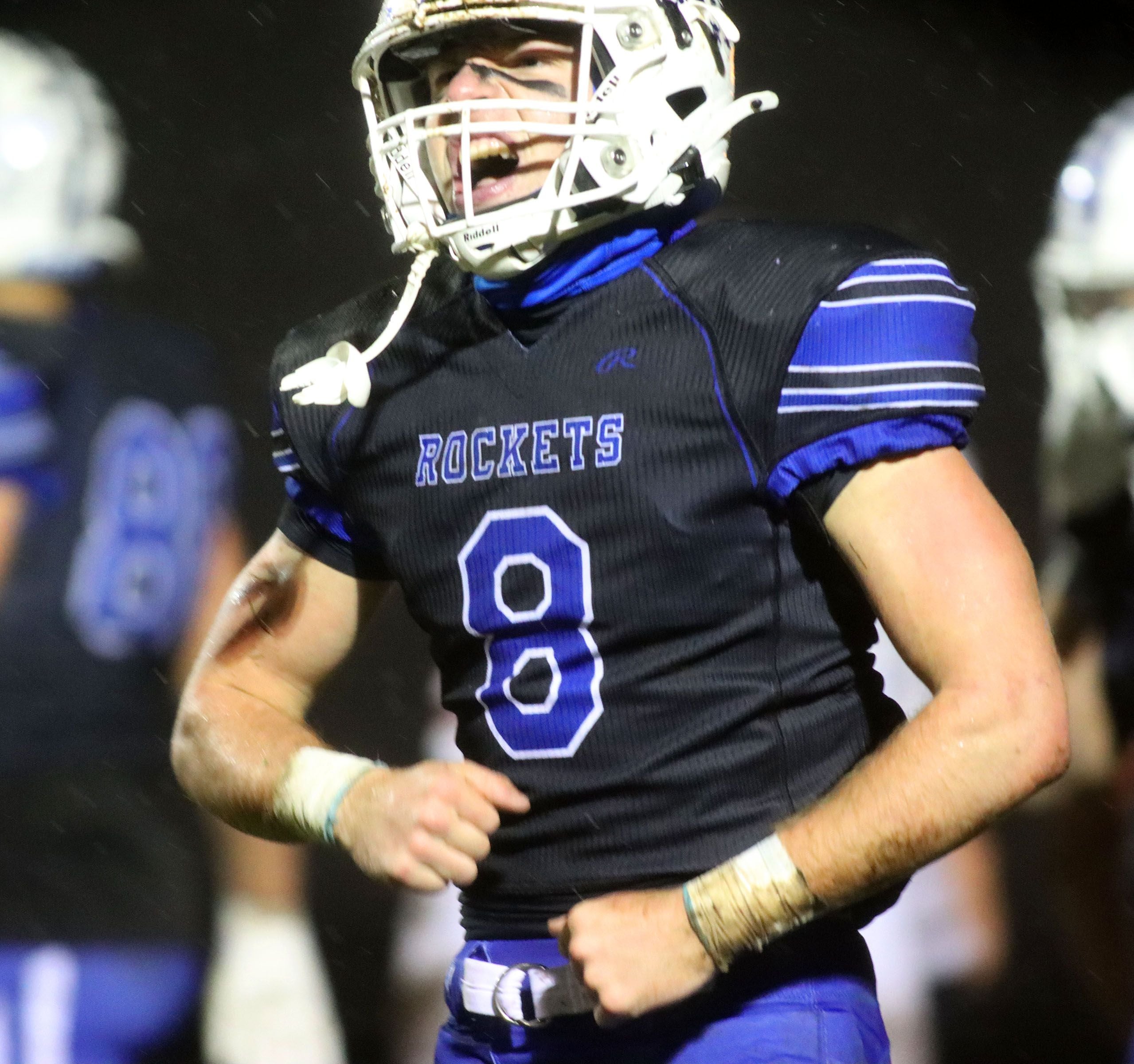 Burlington Central’s Tyler McGladdery scores his first of two touchdowns against Harlem in IHSA football Class 6A second-round playoff action at Central High School in Burlington on Saturday, November 8, 2025.