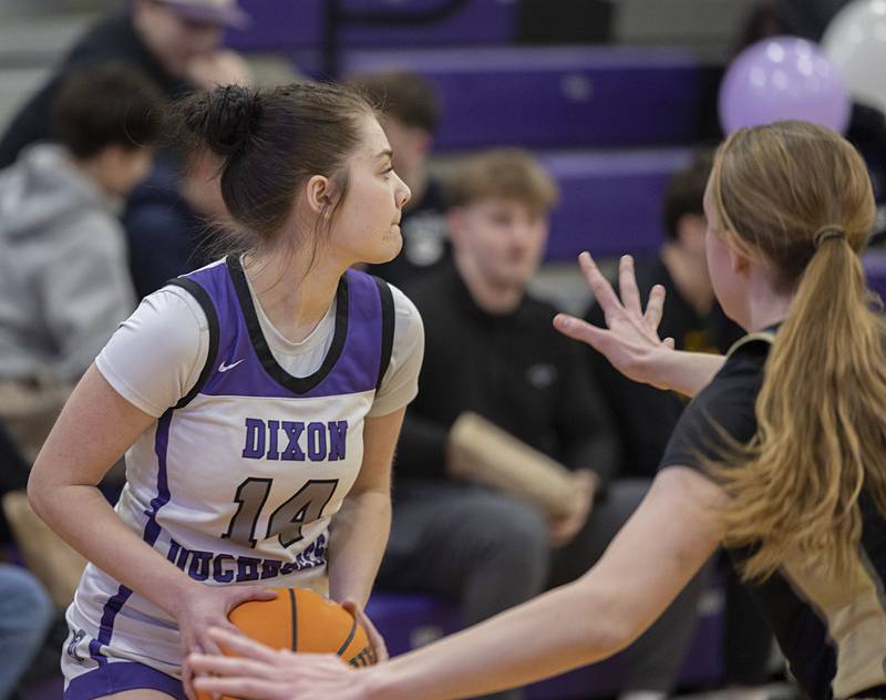 Dixon’s Addy Johnson looks to make a play against Harvest-Westminster Wednesday, Feb. 11, 2026.