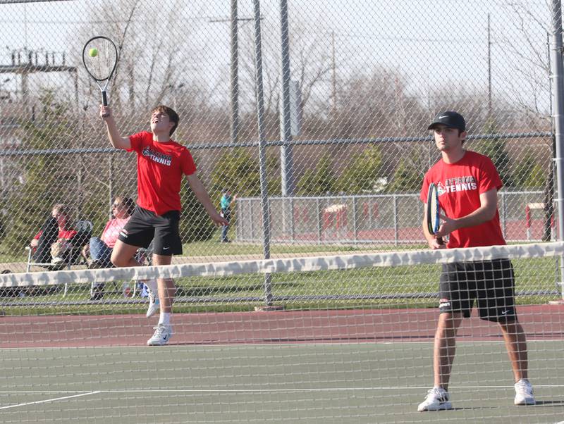 Ottawa number two doubles team players Landon Thorson and Ethan Cela play tennis against L-P on Tuesday, April 11, 2023 at the L-P Athletic Complex in La Salle.