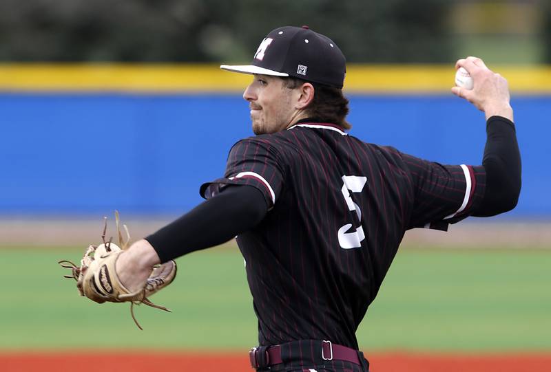 Marengo's Michael Kirchhoff pitches during a Kishwaukee River Conference baseball game against Johnsburg on Monday, April 21, 2025, at Johnsburg High School.