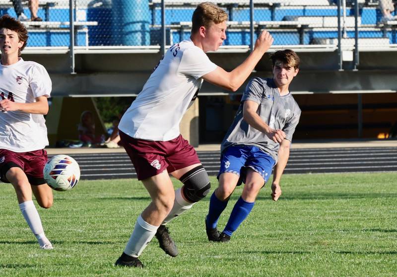Princeton senior Chase Sims takes a shot in Thursday's match against IVC at the Bryant Field pitch. IVC won 3-2;.