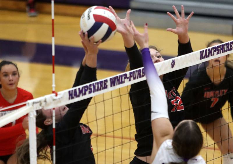 Huntley’s Summer Massow tips the ball against Hampshire in varsity girls volleyball at Hampshire High School in Hampshire on Tuesday, Sept. 23, 2025.