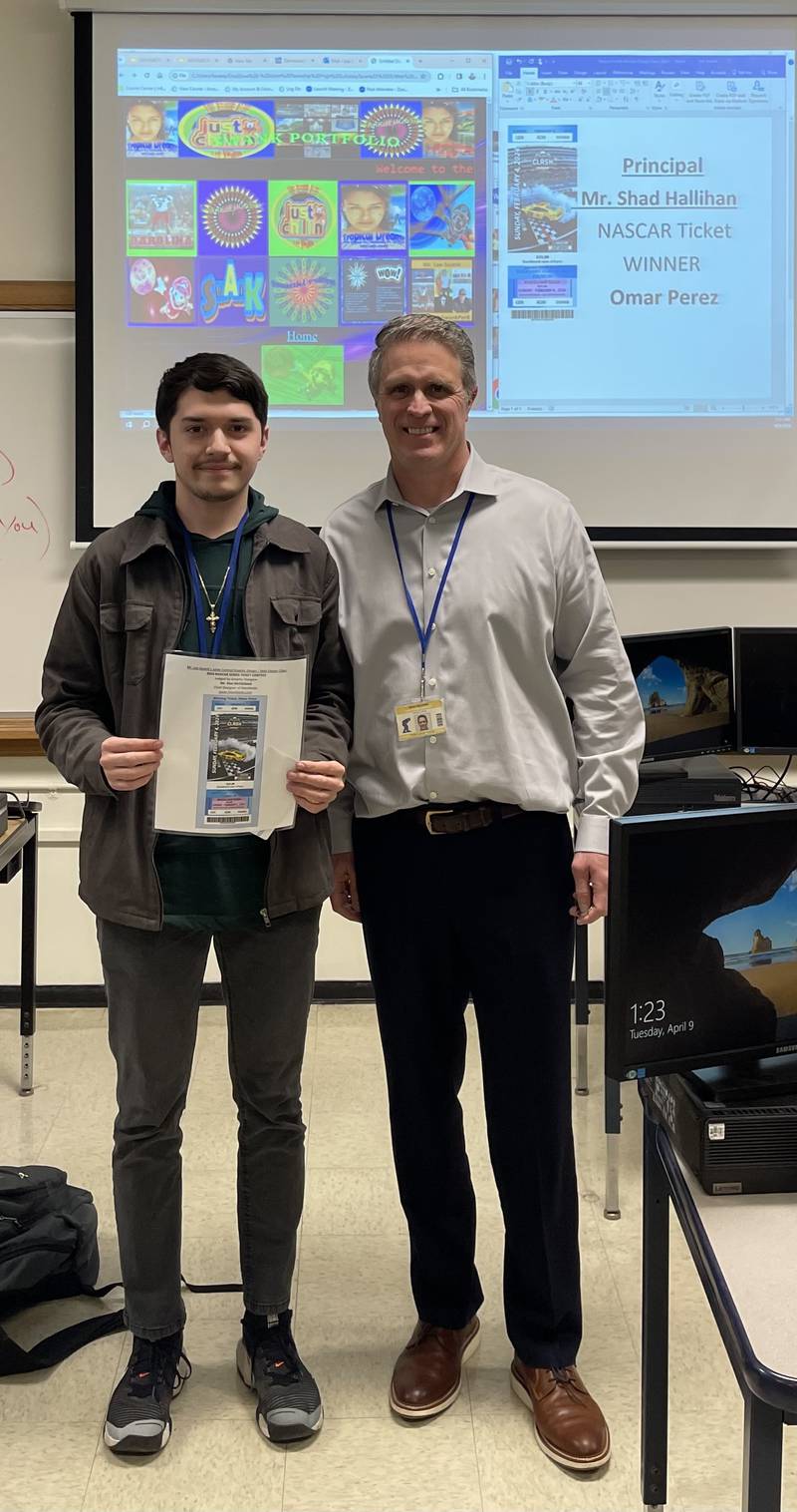 Joliet Central High School senior Omar Perez’s NASCAR ticket design was recently selected by macmasks.com Chief Designer Don McClelland for a 2024 NASCAR Cup Series event.