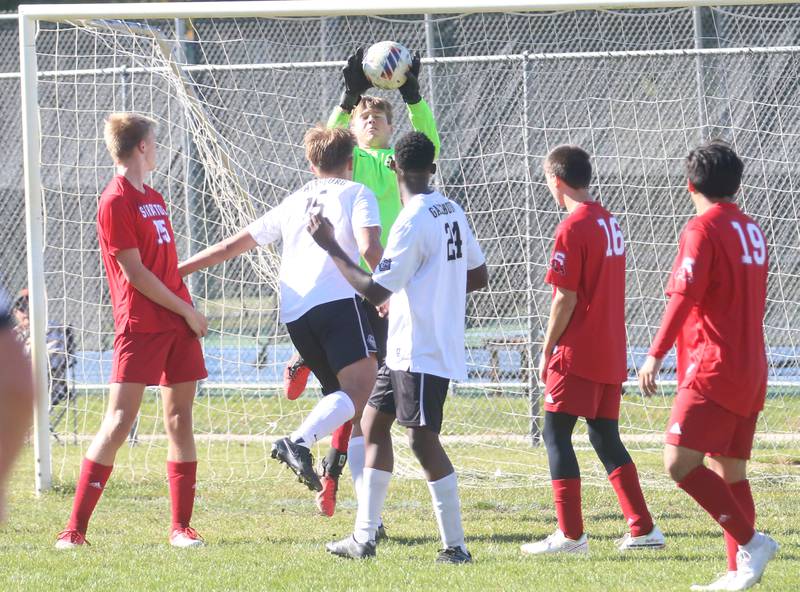 Streator keeper Andrew Vogel saves a shot against Galesburg during the Class 2A Regional final on Saturday, Oct. 26, 2024 at Ottawa High School.