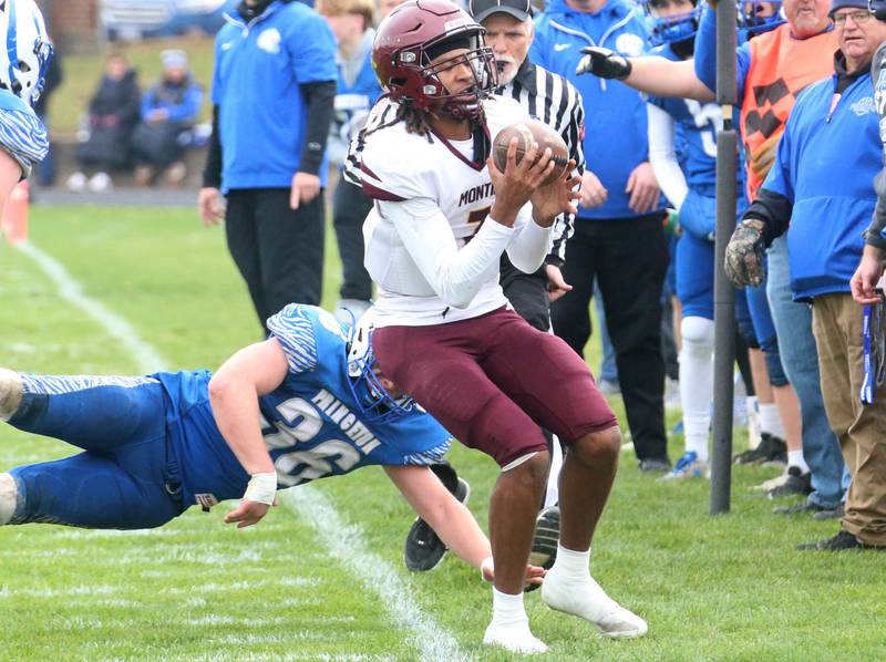 Montini quarterback Israel Abrams is chased out of bounce by Princeton's Common Green during the Class 3A quarterfinal game on Saturday, Nov. 16, 2024 at Bryant Field in Princeton.
