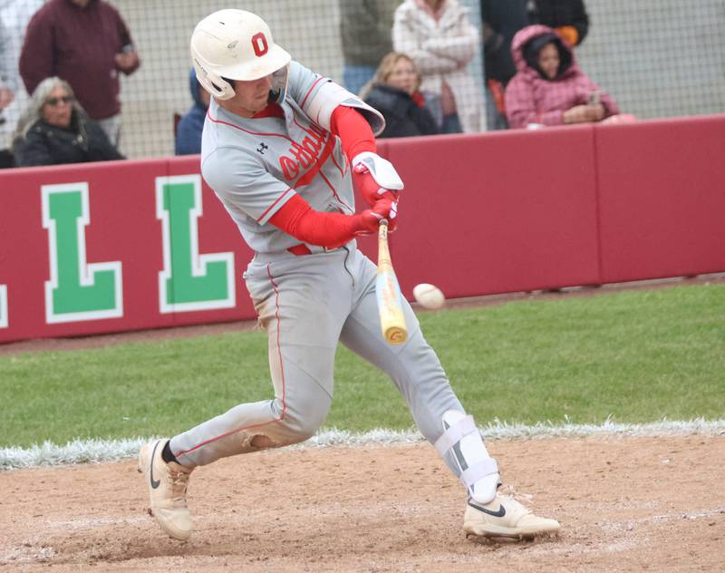 Ottawa's Adam Swanson makes contact with the ball on Thursday, April 30, 2026 at Huby Sarver Field in the L-P Athletic Complex in La Salle.