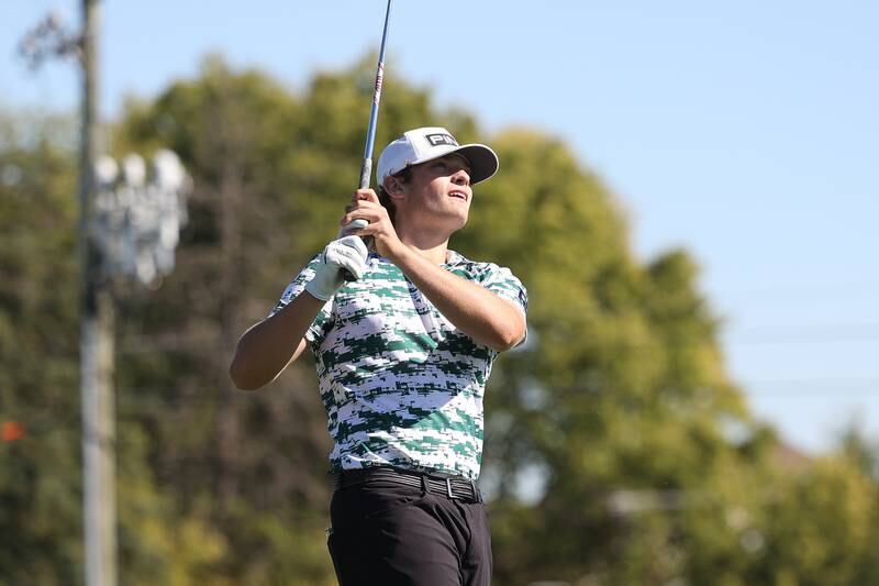 Providence’s Ryan Kundys eyes his drive off the 15th hole in the Class 2A Lemont Boys Golf Sectional on Monday, Oct. 7, 2024 at Wedgewood Golf Course in Lemont.