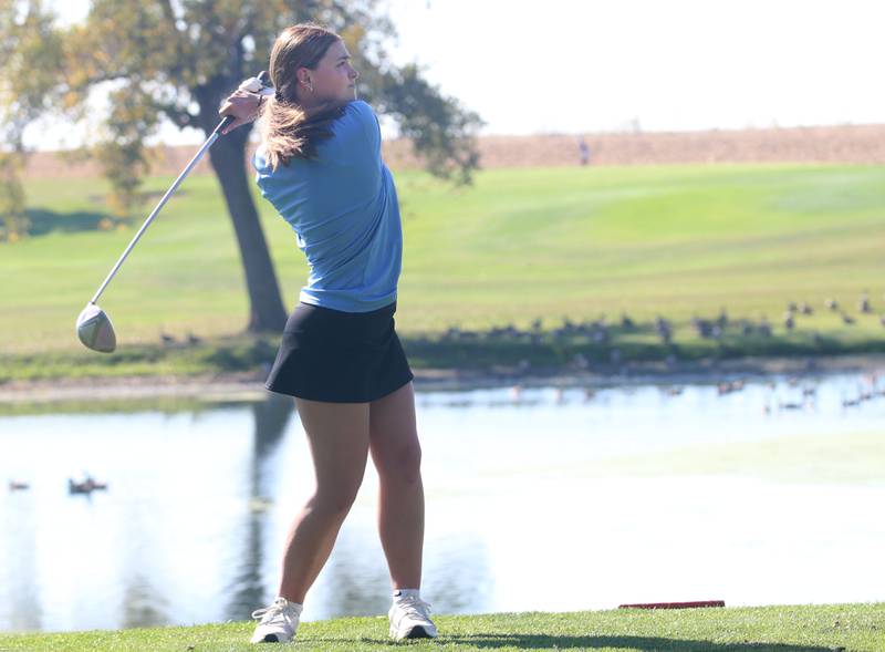 Marquette's Mikayla Huenefeld tees off during the Class 1A Regionals on Tuesday, Sept. 30, 2025 at Spring Creek Golf Course in Spring Valley.