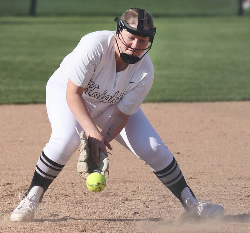 Kaneland's Kyra Johnson fields a ground ball Friday, April 28, 2023, during their game at Sycamore High School.
