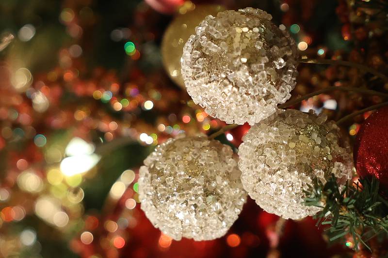 Holiday ornaments hang on the Rialto Christmas Tree, designed by Bella Fiori Flower Shop, at the A Very Rialto Christmas show on Monday, November 21st in Joliet.