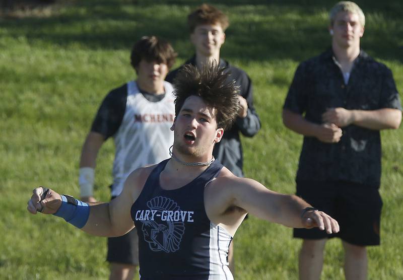 Cary-Grove's Logan Abrams hates his throw as he competes in the shot put during the Fox Valley Conference  Boys Track and Field Meet on Thursday, May 14, 2026, at Huntley High School.