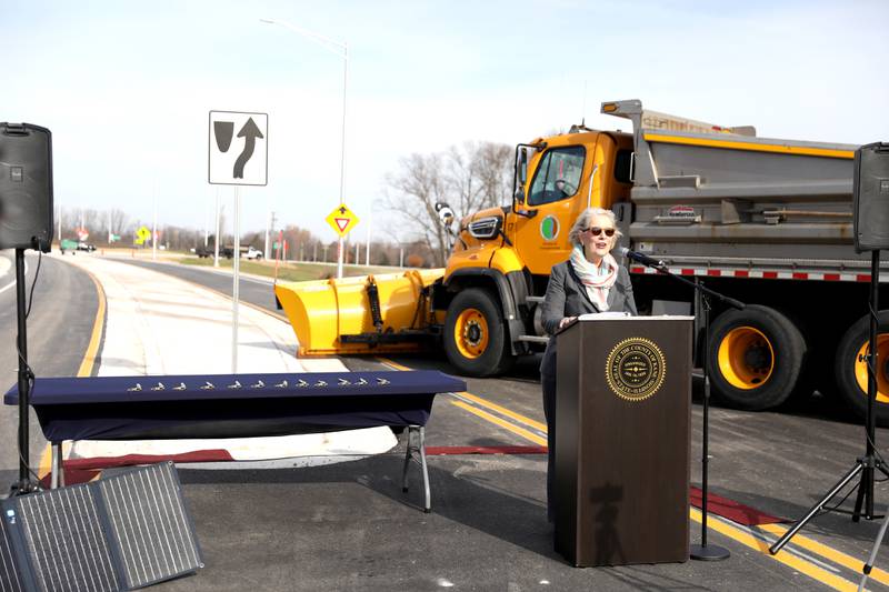 Kane County Chairman Corinne Pierog speaks before the ribbon cutting for the $12 million realignment of Bliss Road and a new roundabout connecting Bliss Road, Main Street Road and Fabyan Parkway in Blackberry Township on Thursday, Nov. 16, 2023.