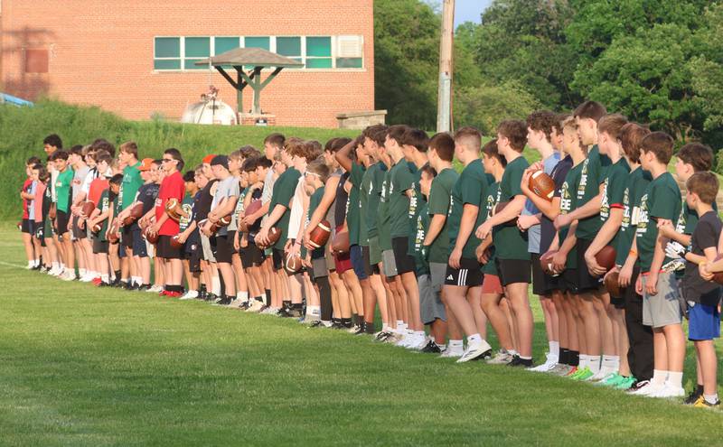 Kids line up to be split into groups during the Tyson Bagent Offensive Skills Camp on Saturday, May 23, 2026 at St Bede Academy.