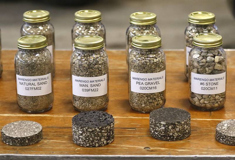 Gravel and sand samples on display during the McHenry County Sand and Gravel Mining Tour on Thursday, Oct. 12, 2023. The tour brought McHenry County board members, township and village officials on a four hour trip to visit operating mines on Route 23 in Marengo and to former sites now reclaimed for housing, recreation in Algonquin and Cary.