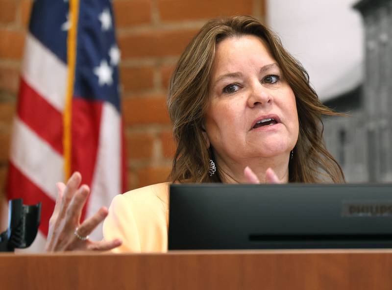 DeKalb County Economic Development Corp. Executive Director Melissa Amedeo speaks Wednesday, May 6, 2026, during the State of the Community Address hosted by the Sycamore Chamber of Commerce in the DeKalb County Community Foundation Freight Room.