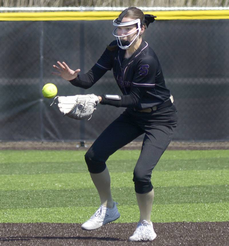 Serena’s Jenna Setchell fields a high hop ground ball against Seneca Saturday at Seneca.
