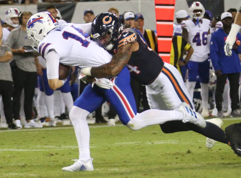Chicago Bears tight end Colston Loveland sacks Buffalo Bills quarterback Mike White on Sunday, Aug. 17, 2025 at Soldier Field in Chicago.
