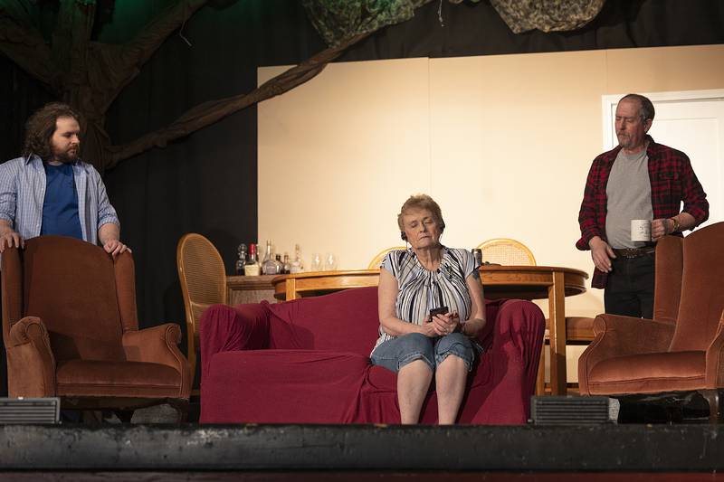 Joel Megill (left), Mary Jo Frederick and Hart DuBois rehearse Wednesday, Feb. 19, 2025, for this weekend’s opening of The Tin Woman. The Polo Area Community Theatre will be performing the play Feb. 21, 22, 23 and 28 and March 1.
