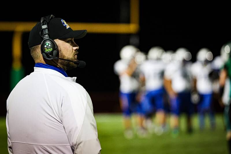 Aurora Central Catholic’s coach looks on during game against Seneca on Friday, September 27, 2024 at Seneca high school in Seneca.