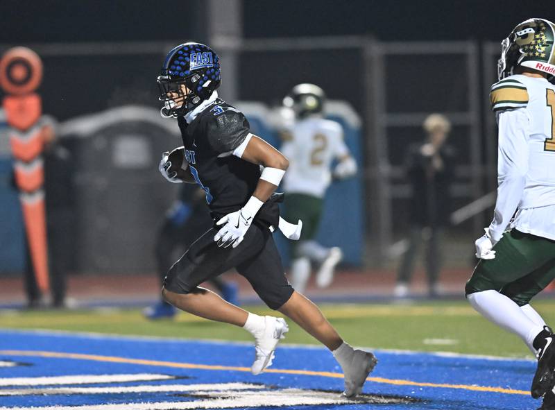 Lincoln-Way East's wide receiver Talan White (3) catches a pass for a touchdown during the IHSA Class 8A Quarterfinals game against Stevenson on Friday, Nov. 15, 2024, at Frankfort. (Dean Reid for Shaw Local News)