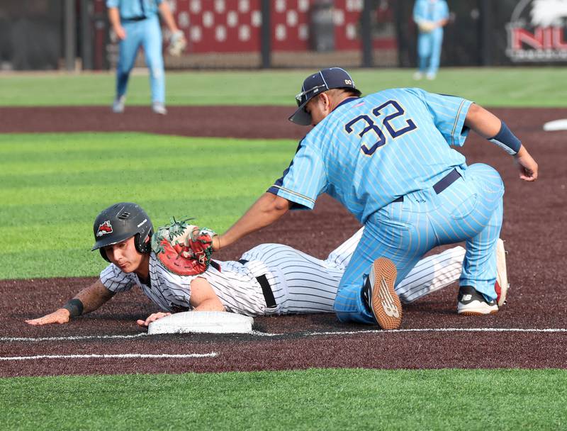 Fulton's Braeden Brennan gets back just ahead of the tag of Marquette's Sam Mitre on a pickoff attempt Monday, June 2, 2025, during their Class 1A supersectional game at Northern Illinois University in DeKalb.