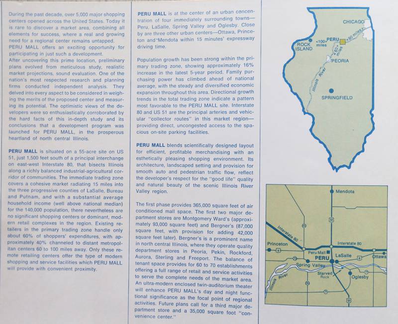 Information shared in a brochure from the Arthur Robloff & Co. on the planned Peru Mall site in 1973.