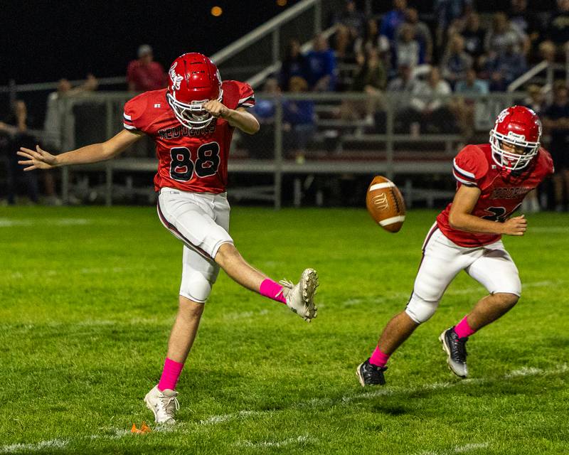 Chevy Langham (88) of Hall kicks return to Princeton on Friday, Oct. 3, 2025 at Richard Nesti Stadium in Spring Valley.